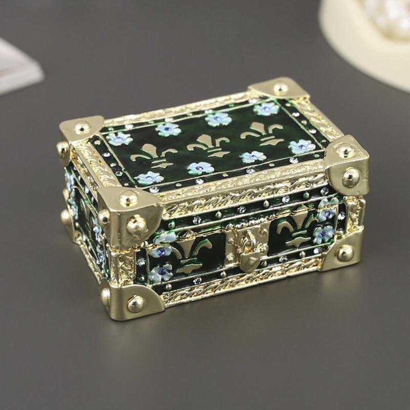 Zinc Alloy Jewelry Storage Box with Open Interior, Quiet Magnetic Closure, Blue Floral Motifs, and Gold-Tone Trim