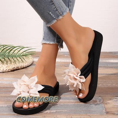 Модная летняя пляжная обувь для женщин 2024 Новая модная обувь на танкетке с цветком, римские женские повседневные шлепанцы, женские шлепанцы на плоской подошве