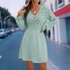 New European American Style V-neck Long Sleeve Dress, 3D Crochet Scale Pattern A-line Beach Dress
