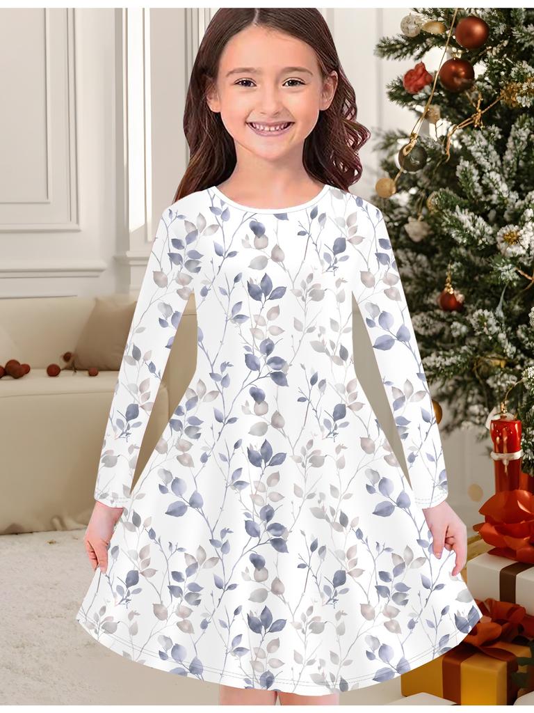 Girls' Autumn and Winter Fashion Dress, 3D Butterfly Print Round Neck Long Children's T-shirt Dress, Casual Versatile, Christmas Clothing