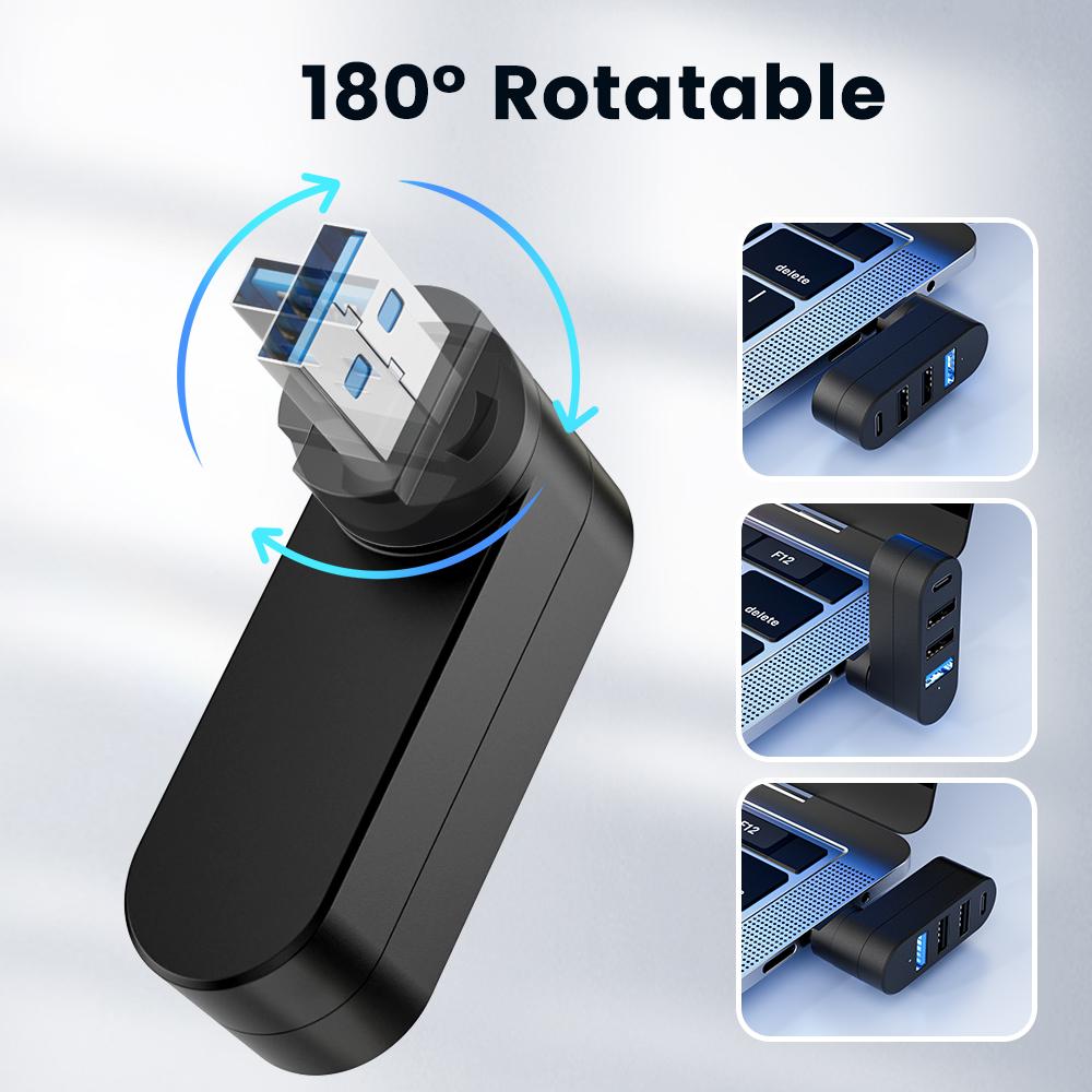 4-портовый USB 3.0 хаб с поворотом на 90° и 180°, 3 порта USB-A, 1 порт USB-C, передача питания и данных для ПК, компьютера, ноутбука, автомобиля, iMac, MacBook Air Pro, адаптер