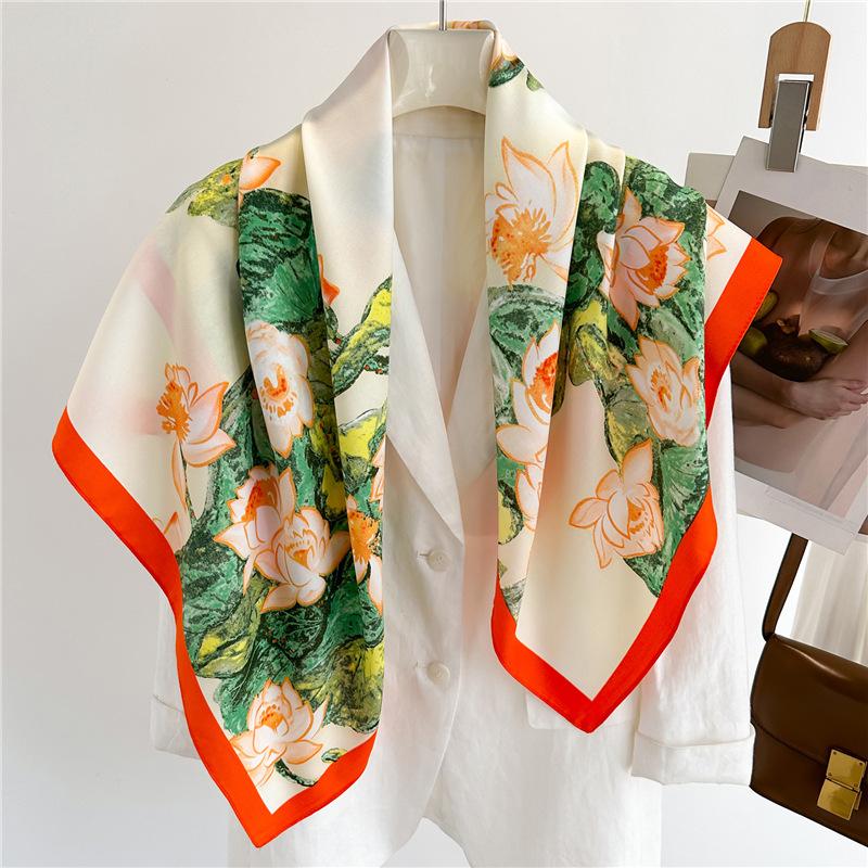 New large square scarf, silk velvet twill floral shawl, 90cm, sun protection, simple women's scarf for spring and