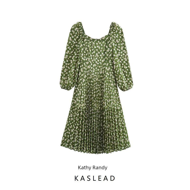 Kaslead New Arrival Women's Clothing Fashion Style Fashion Minimalist Square Collar Floral Long-Sleeved Pleated Dress