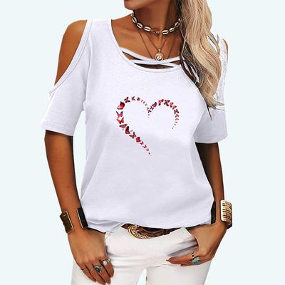 Женская повседневная футболка с открытыми плечами, женская мода, топ с короткими рукавами, летняя и осенняя футболка с круглым воротником и принтом