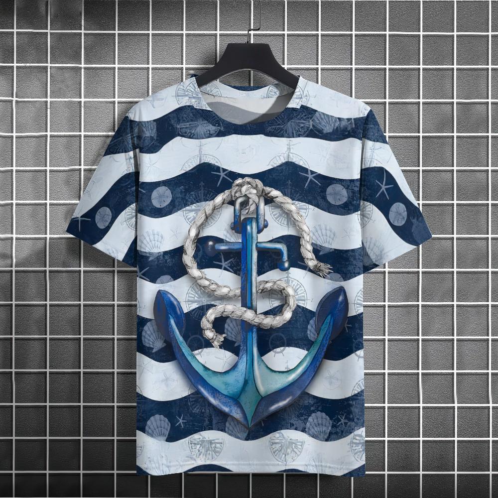 Мужская футболка в стиле ретро с 3d принтом «Якорь лодки» Футболки с короткими рукавами Топы с морским принтом Свободная футболка большого размера с коротким рукавом для мужчин
