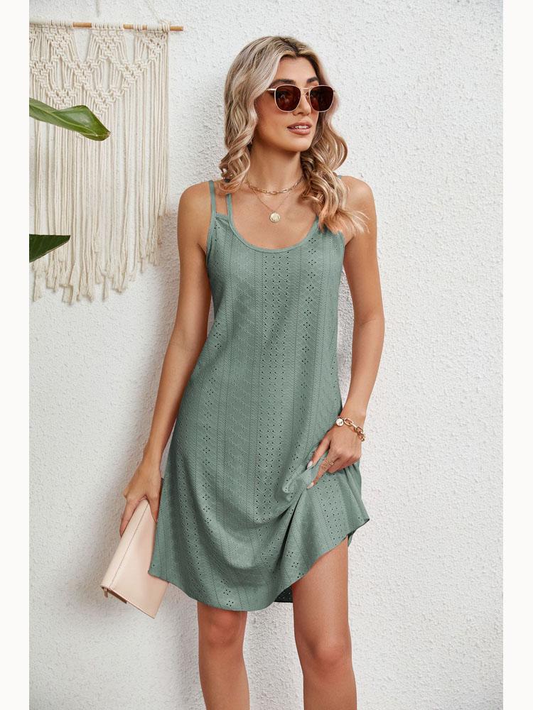 2025 Лето Круглый вырез Без рукавов Однотонные повседневные платья Холтер Женская модная элегантная женская одежда