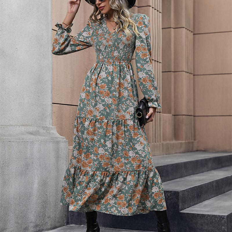 YYFS Женская мода осень-зима с цветочным узором и принтом с длинным рукавом и v-образным вырезом повседневные платья