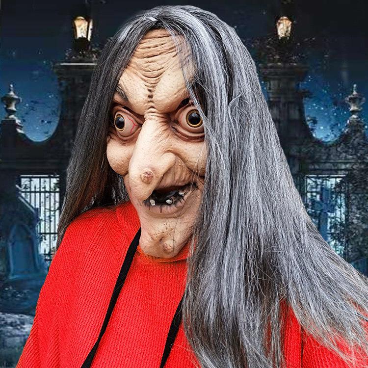 Halloween Horror Witch Old Lady Long Hair Granny Latex Mask Headgear Funny Costume Props