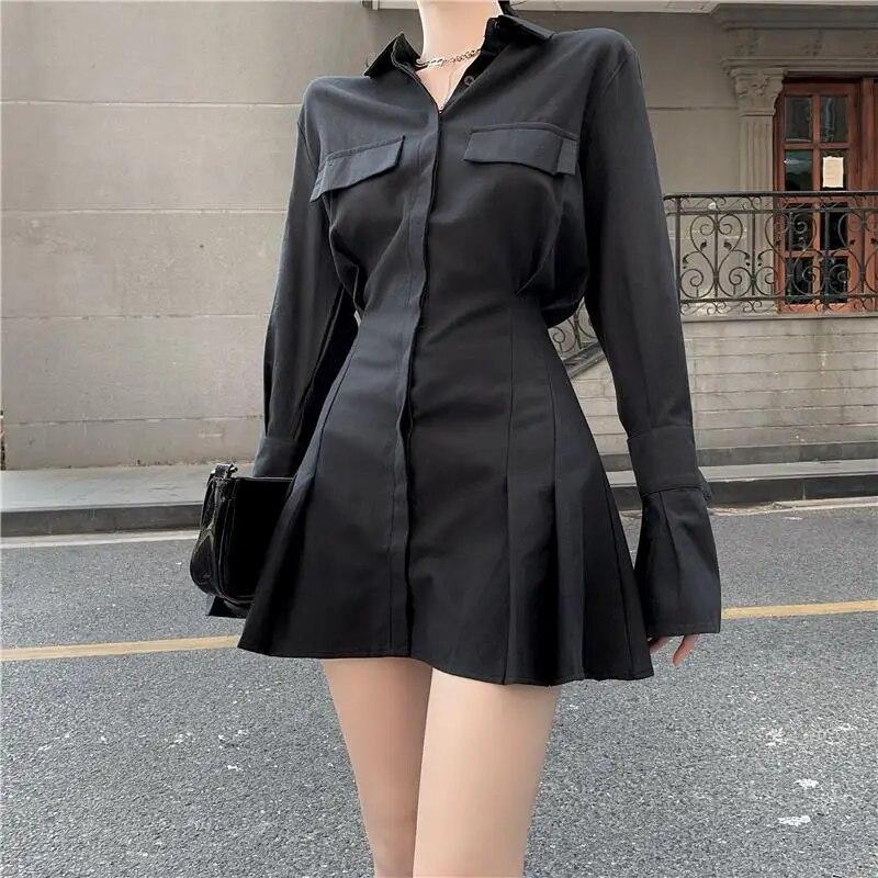 Black Shirt Dress Women Elegant Vintage Long Sleeve Dresses Sexy Gothic Pleated Streetwear Turn-down Collar Casual Robe