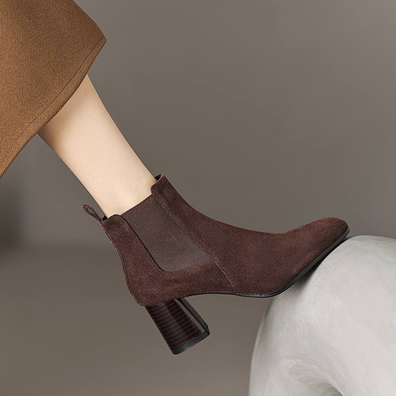 Krazing Pot Cow Suede Winter Round Toe Thick High Heels Modern Boots Women Slip On Office Lady Big Size 42 Ankle Boots