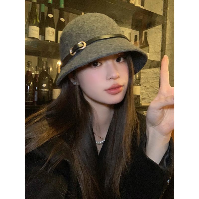 Belt buckle wool foreign daughter hat French top hat women's autumn and winter bucket hat Hepburn rich daughter hat