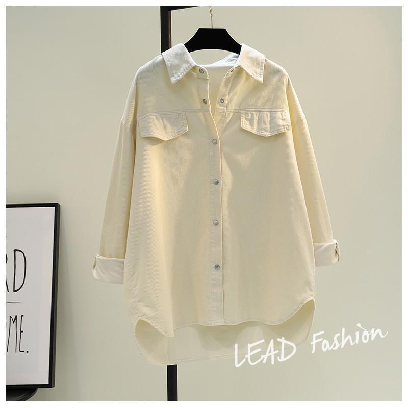 Женская утолщенная вельветовая куртка-рубашка средней длины с двойными карманами - весна 2022 г.