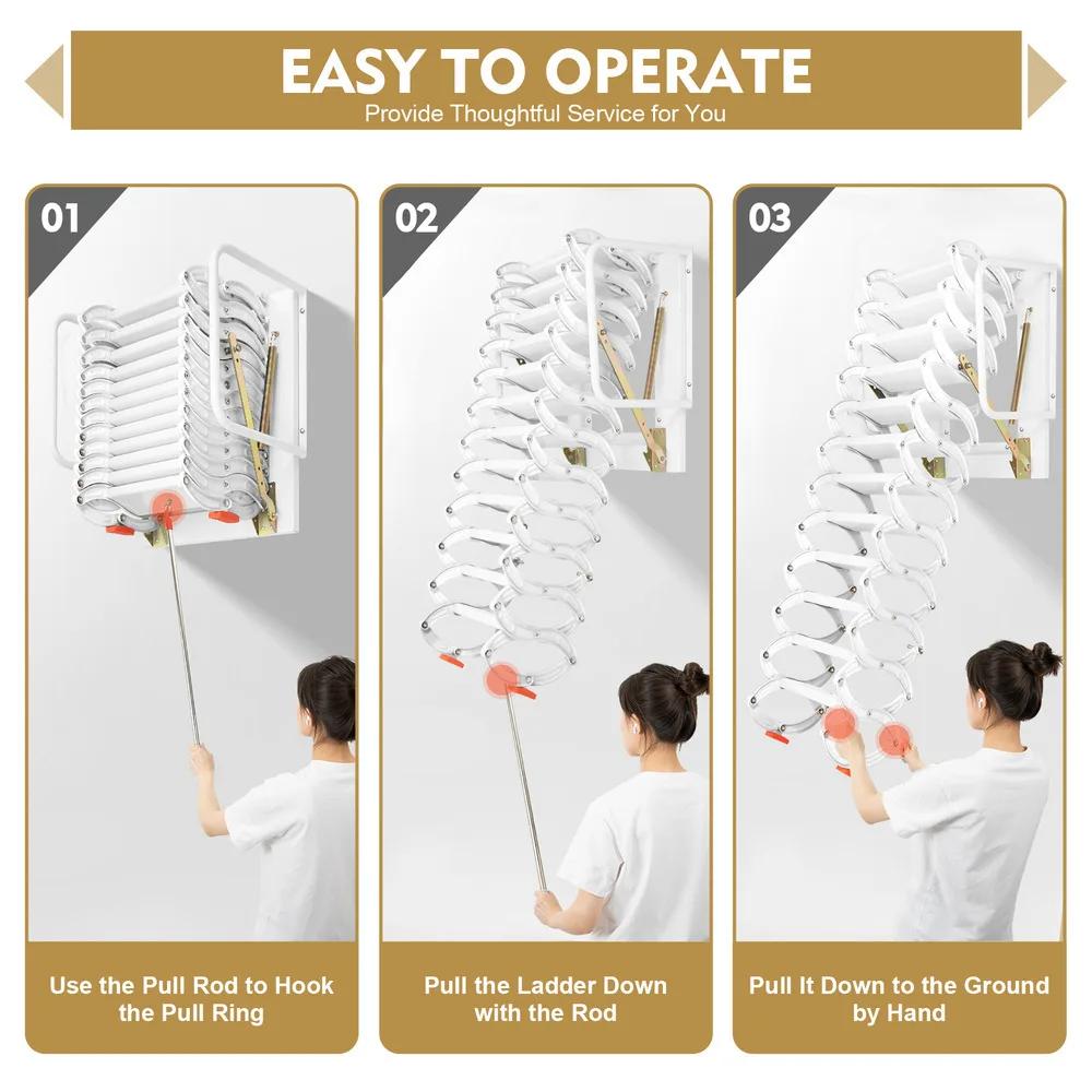 12 ступеней Настенная Нескользящая Телескопическая Выдвижная Складная Лестница Грузоподъемность 881,85 фунта Сплав Al-mg Многоцелевая С поручнями