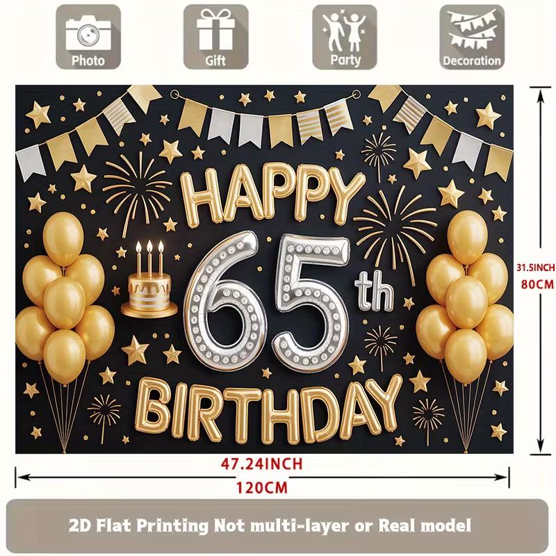 2D 65th Birthday Party Backdrop, Black Gold Themed Photography Background