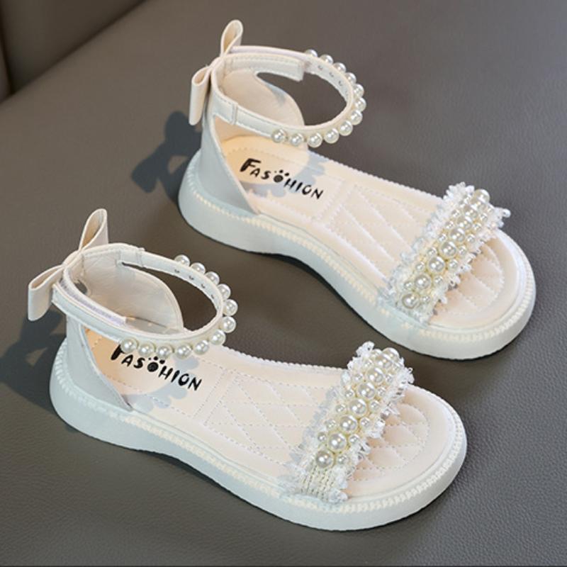 Милые сандалии для девочек, летняя мода, жемчужный бант, детские повседневные пляжные сандалии, детские римские сандалии принцессы, универсальные, мягкая подошва