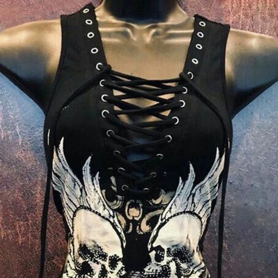 Женская летняя футболка с v-образным вырезом на шнуровке, регулируемые ремни, футболка без рукавов, футболка с буквенным принтом черепа, облегающие пуловеры в стиле панк