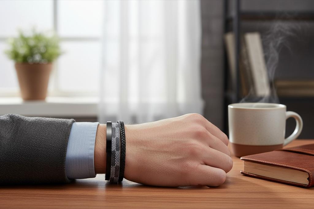 Men' leather bracelet, navy blue, silver steel, 21cm