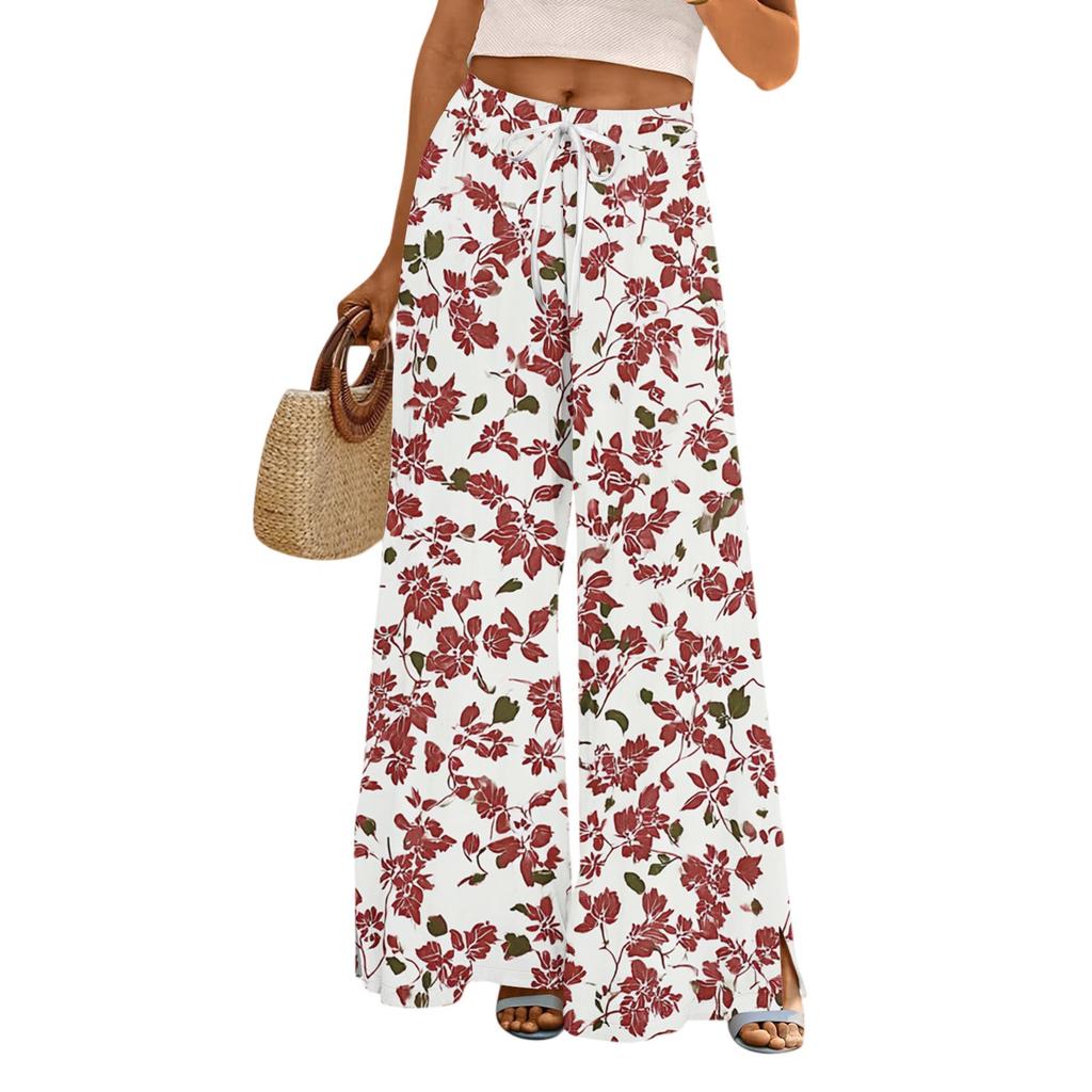Women's Casual Wide Leg Pants Stretch Belt Pocket Floral Print Adjustable Tie Pants