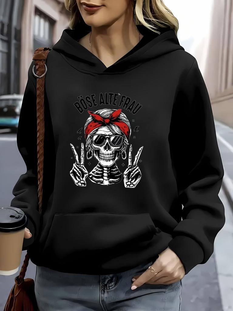 Women'S Black Hoodie with Skull Design Casual Wear at Home Or Restaurant, Lightweight And Durable, Everyday Use, Comfortable Fit w