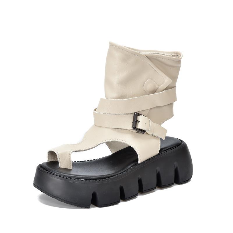 Johnature Peep Toed Thick Soled Women's Sandals Genuine Leather Belt Buckle Roman Platform Shoes