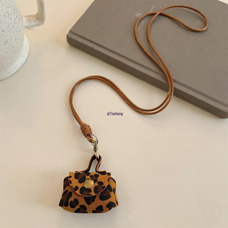 Ожерелье-кошелек для монет с леопардовым принтом: Женский кулон-чехол для наушников с кожаной цепочкой