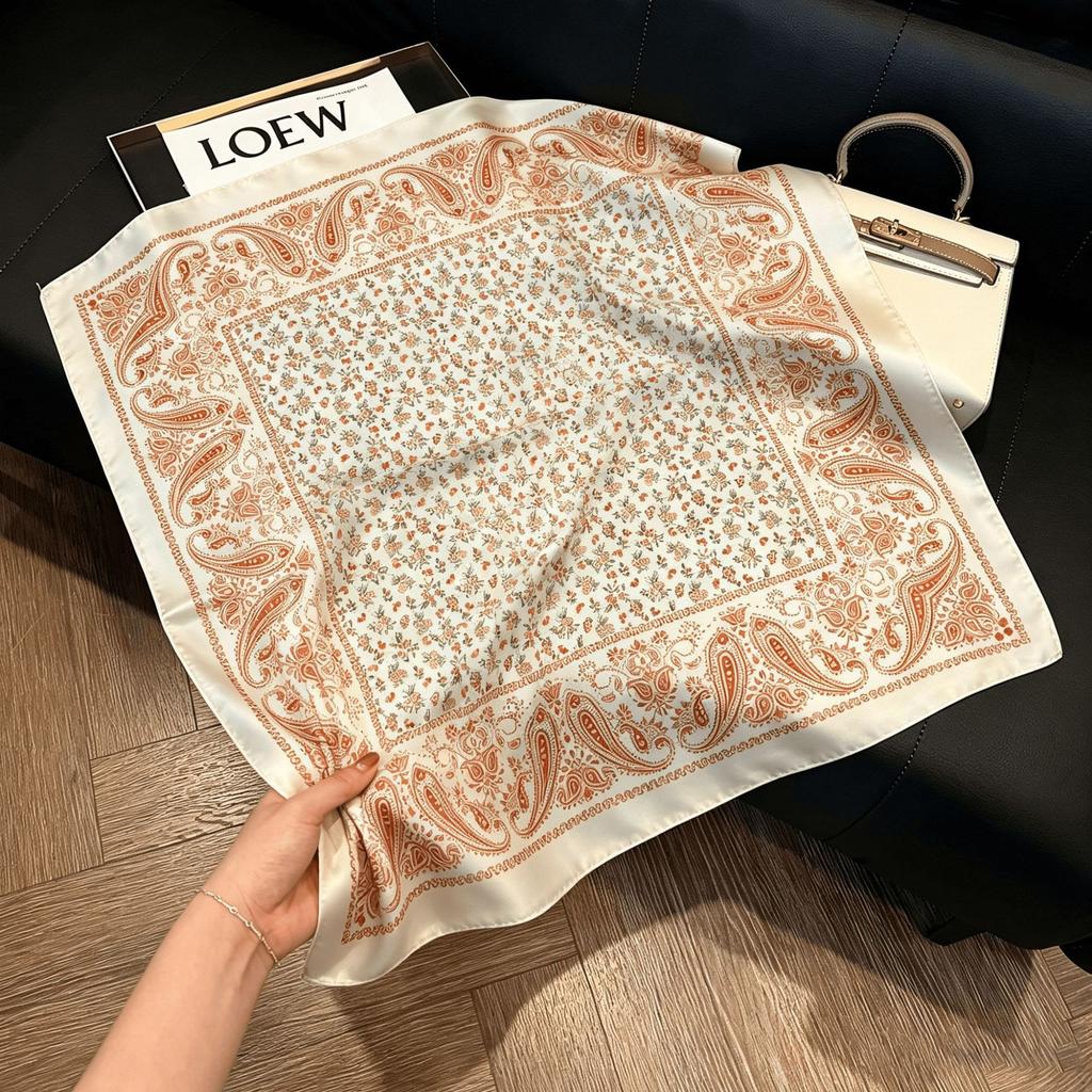 Lao Qian Feng Coffee Color Cashew Nut Silk Scarf Headscarf Versatile Neck Square Scarf Premium Sense Female Foreign Style Decorative Scarf Scarf