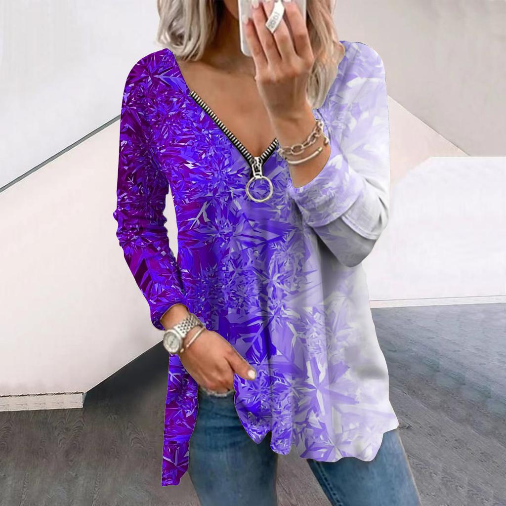 Women Autumn Gradient Glitter Printed Long Sleeve T-Shirts Loose V-Neck Plus Size Tee Shirt Tops Comfy Blouse