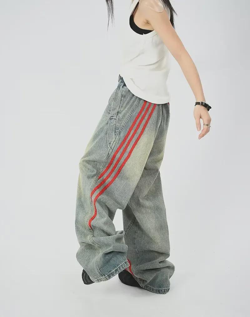 Джинсы унисекс с потертостями и полосками, коллекция весна 2024 г., свободный широкий крой