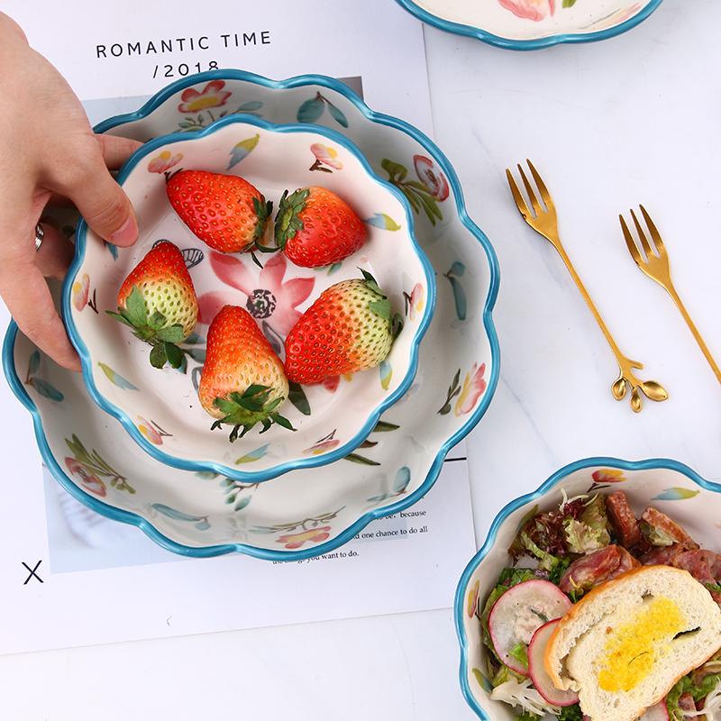 Керамическая красная миска с вишней, салатница, подставка для риса и пасты, миска-рамекин, синяя столовая посуда с цветочным узором, можно мыть в посудомоечной машине