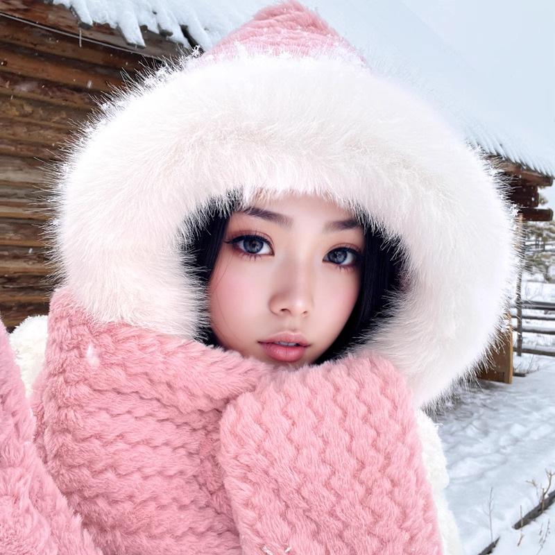 Женский зимний комплект из плюша «все в одном»: Шапка-медведь с шарфом и перчатками — корейский стиль велоспорта на открытом воздухе