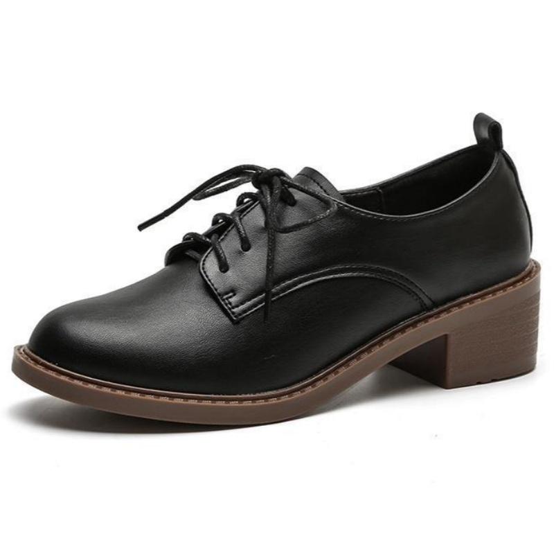 Мода 2025 Однотонные Офисные Туфли На Шнуровке Круглый Носок Мягкая Подошва Толстый Каблук Повседневные Лодочки Кожаные Удобные Средний Каблук Женская Обувь