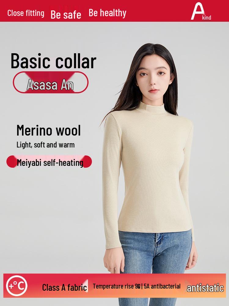Autumn/Winter Wool Long-Sleeve Velvet Cotton Mid-Neck Women's Fashion Top