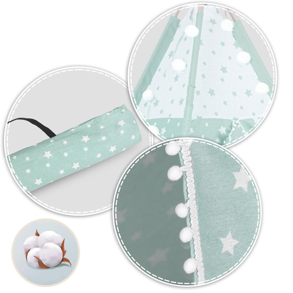 Children'S Tipi Tent With Lights - Mint With Stars