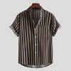 Мужская рубашка с воротником-стойкой и коротким рукавом контрастного цвета в полоску, однобортная, свободная, мягкая, средней длины