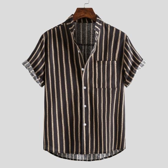Men Shirt Stand Collar Short Sleeve Contrast Color Striped Single-breasted Loose Soft Mid Length