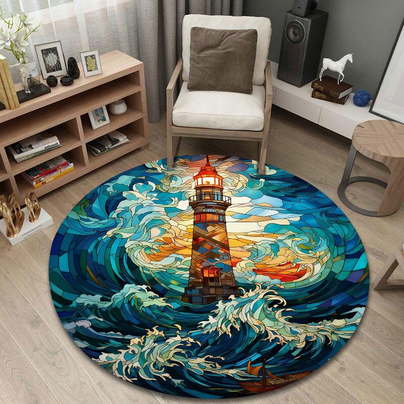 Handmade Style Round Moon Multicolor Floor Rug, Non-Slip Floor Mat for Laundry Room