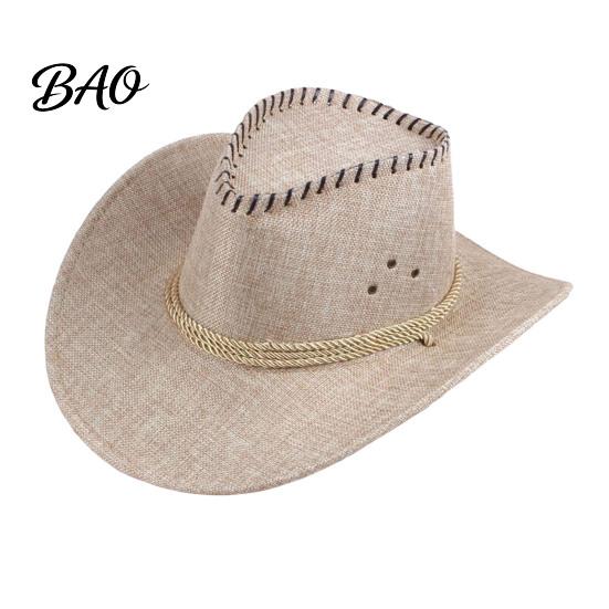 Stiff Brim Gardening Hat Western Cowboy with Windbreak Rope for Men, Wide Linen Sun Foldable Travel Outdoor Travel, Halloween Cosplay Costume,