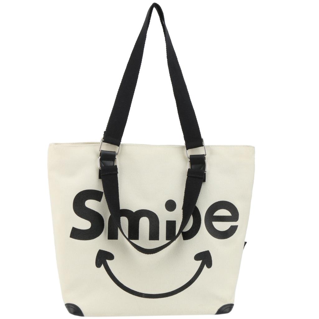 Большая вместительная холщовая большая сумка с буквами контрастного цвета, сумка на одно плечо с принтом улыбающегося лица и женская сумка через плечо