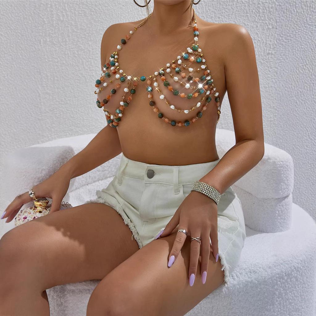 Sexy Women's Clothing Party Beach Summer Handmade Acrylic Hollow-out Sassy Girl Colorful Beaded Body Chain Sexy Top