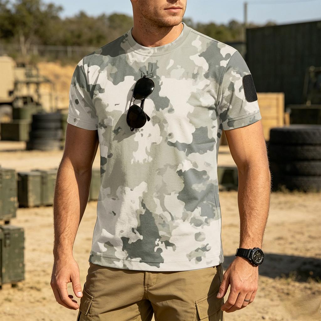 Men Tactical Camouflage Pattern Crew Neck Loose Fit Short Sleeve Outdoor Quick Dry T Shirt with Velcro Patch Panel