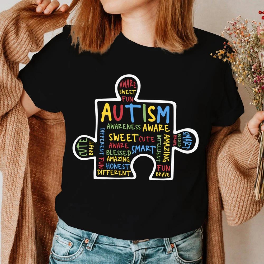 Women TShirt Summer Autism Graffiti Puzzle T Shirt Women Casual White Cozy Tops Loose Short Sleeve Y2k Tshirt Camisas Mujer