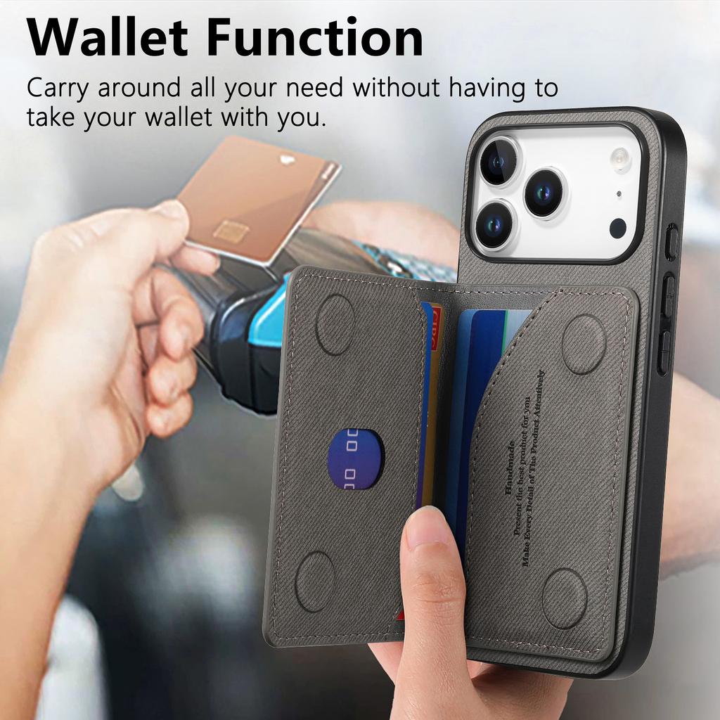 Чехол для iPhone 17 Pro Max с молнией, держателем для карт, подставкой, текстурой джинсовой ткани, кожаной задней крышкой