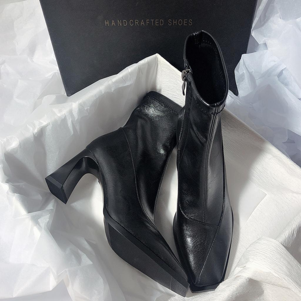 Huge and easy to wear! High-heeled elastic thin boots square head side zipper new niche thick-heeled temperament short boots