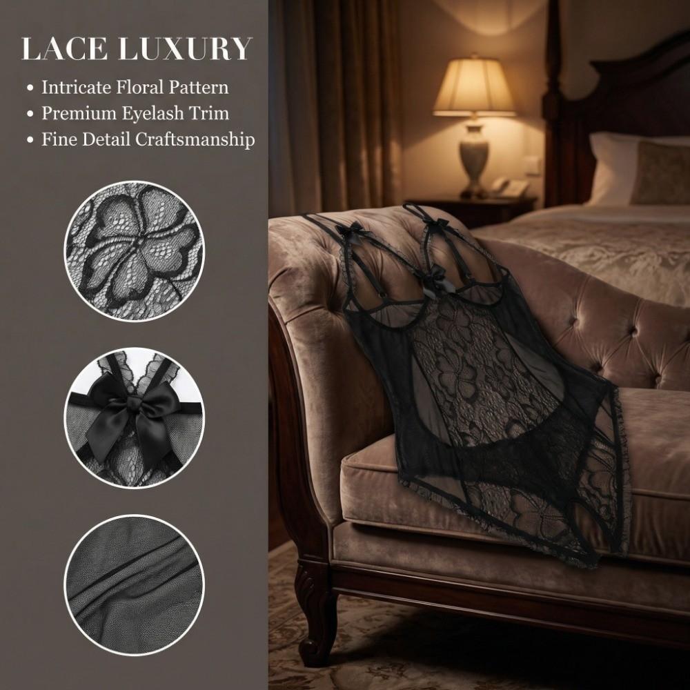 Mesh Hollow Women Underwear Deep V Lace Sling Nightwear Lingerie Lace Bow Bodysuit Gifts