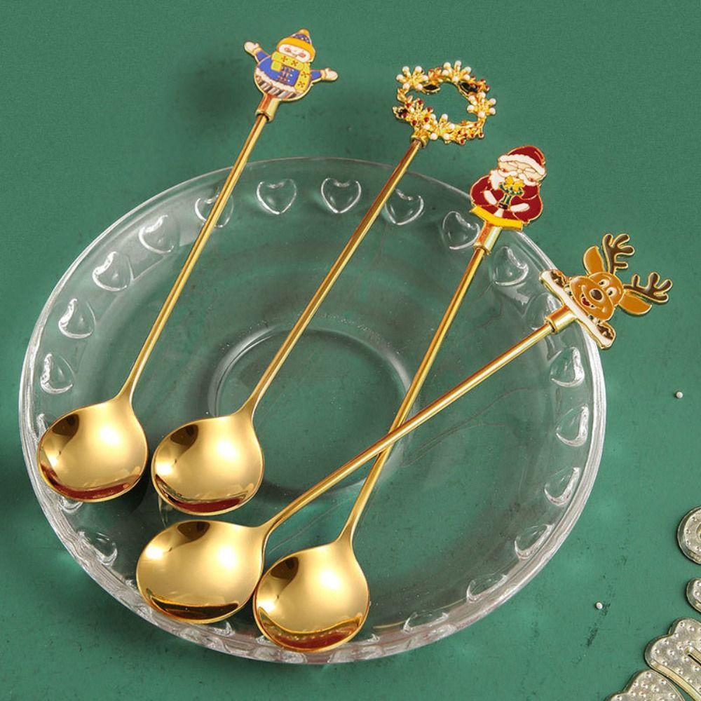 Plated Design Christmas Stirring Spoon 4PCS Set Holiday Tableware Set New Year Party
