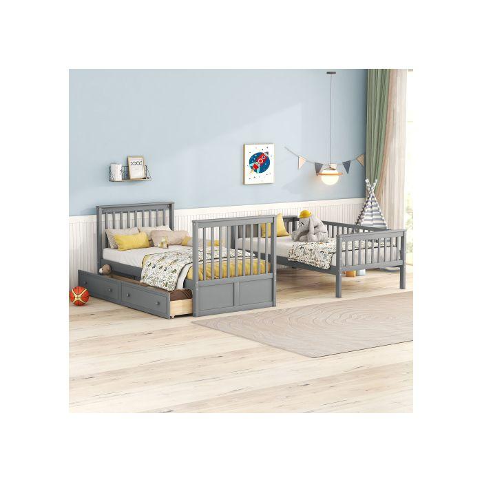 Двухъярусная кровать - MUVOE - 90x200см - Серая - С ящиками - Трансформируется в диван-кровать