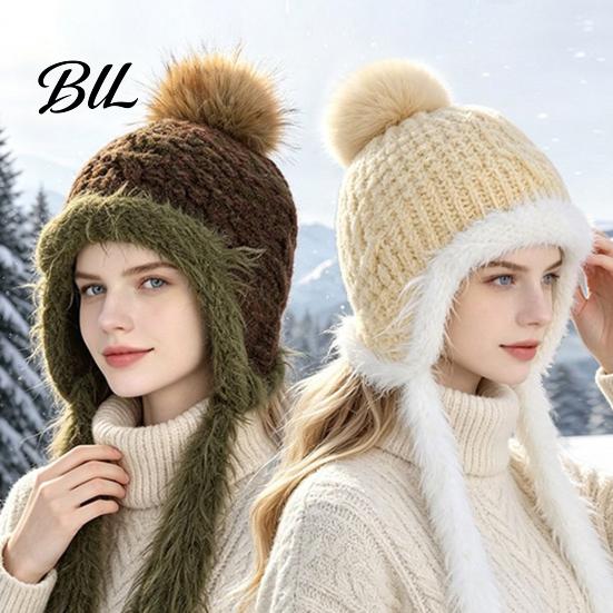 Thick Plush Edge Winter Hat Women Knitted Earflap Hat, Fuzzy Trim Pompom Soft Warm Fluffy Pom Knit for Outdoor Cycling, Cold Weather Daily Wear