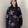 Women Preppy Star Oversized Sweater Loose Fit O-Neck Long Sleeve Pullover Sweater
