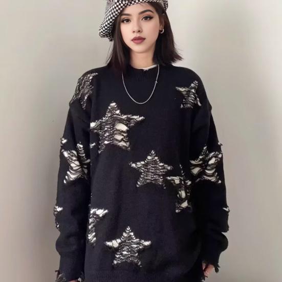 Women Preppy Star Oversized Sweater Loose Fit O-Neck Long Sleeve Pullover Sweater