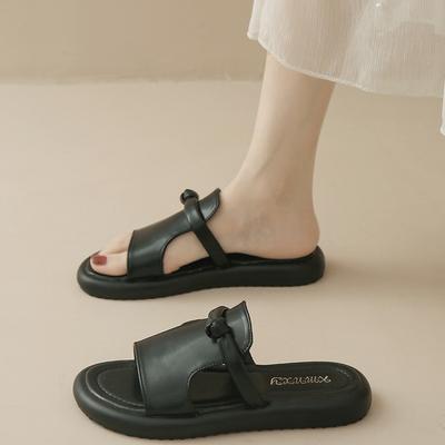 Гигантский комфорт~ Мягкая кожа минималистичные с открытым носком повседневные шлепанцы на толстой подошве, повседневные сандалии на плоской подошве, тренд